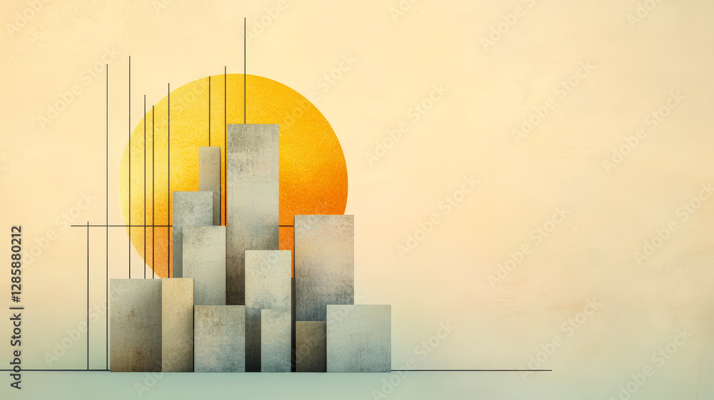 Poster abstract art depicting modern architecture against a rising sun background, emphasizing urban design