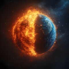 Fiery Apocalyptic Vision of Planet Earth in Space Minimalist Celestial Background