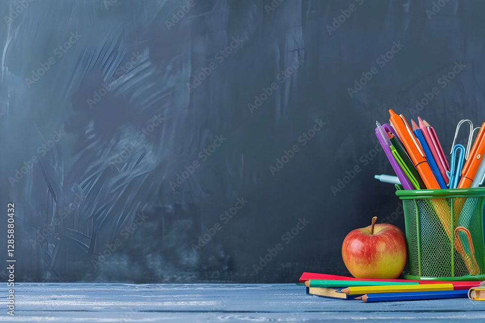 Poster colorful stationery and an apple on a desk in a classroom setting with a chalkboard background