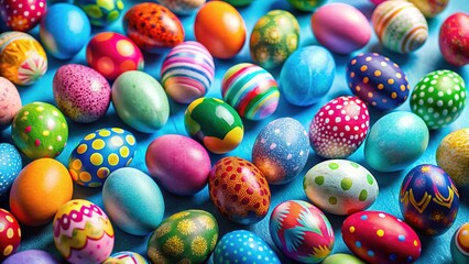 Obraz premium Blue background showcases tilted Easter eggs, a playful top-down perspective.