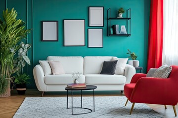 Beautiful teal wall in the living room with a red armchair, a white sofa, and a black side table with a flower vase and a pink poster on it