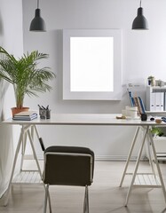 White home office interior with poster