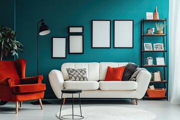 Beautiful teal wall in the living room with a red armchair, a white sofa, and a black side table with a flower vase and a pink poster on it