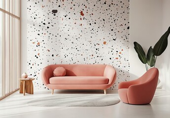 Pink sofa with terrazzo wall in a white and pink living room interior