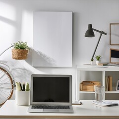 White home office interior with poster