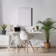 White home office interior with poster