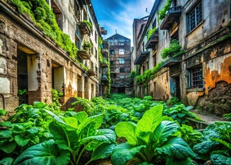 Fototapeta premium Cityscape exploration: veggie garden, nature shots, AI art, plants.