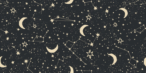 Seamless sky pattern with stars and moon on black background, astrology background for zodiac signs, tarot vector art, boho packaging. Magic space background.
