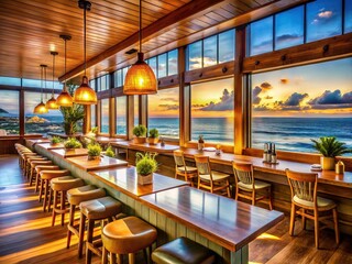 Coastal diner with a bright, wooden bar and large windows.