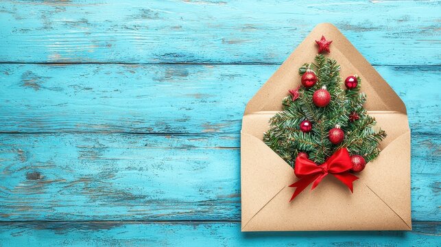 Christmas Tree in Envelope on Turquoise Wood for Holiday Greetings - Powered by Adobe