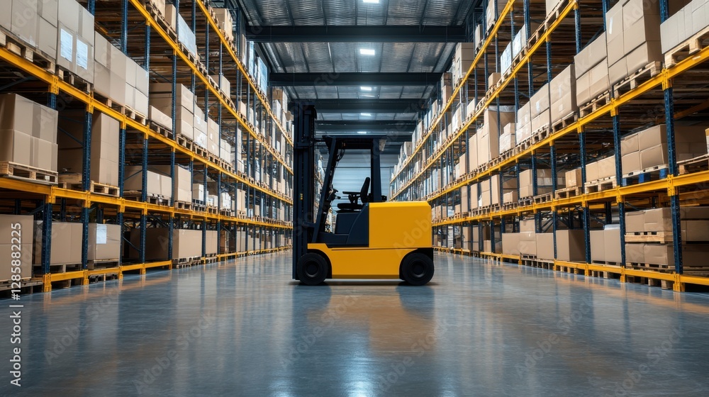 Poster forklift in a spacious warehouse with aisles of stacked pallets and boxes for efficient storage solu