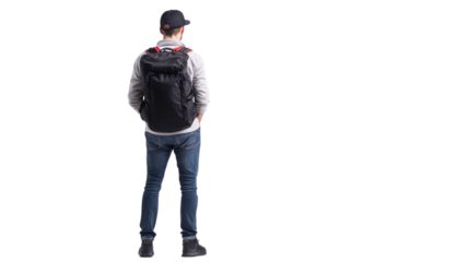 Young man with a backpack standing and looking away in a bright, minimalistic environment