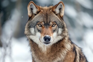 Obraz premium Eye to Eye: A Majestic Wolf's Intense Gaze in the Wintry Wilderness