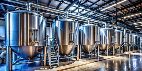 Contemporary beer tanks, vibrant brewery scene, photogenic.