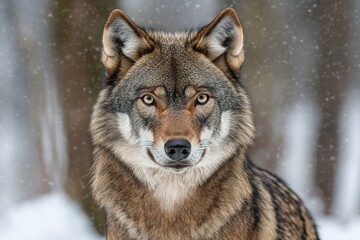 Obraz premium Eye to Eye: A Majestic Wolf's Intense Gaze in the Wintry Wilderness