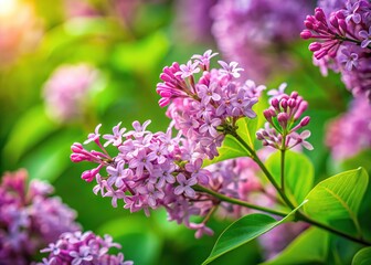 Delicate lilac flowers nestled in a green plant, a tilt-shift closeup.