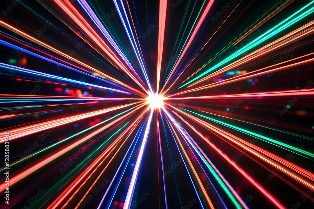 Poster abstract colorful light rays bursting from center.