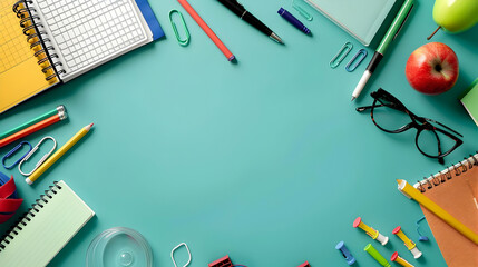 Colorful stationery and school supplies arranged on a teal background for educational purposes