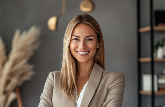 Professional woman smiling in modern office business portrait indoor environment close-up view confidence boost