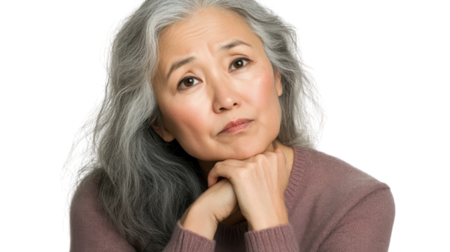 Thoughtful woman with gray hair resting her chin on her hands, reflecting on life experiences in a serene moment
