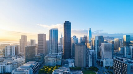 Aerial View of Modern City Skyline at Sunrise with Clear Blue Sky and Sunlight Reflecting on Buildings