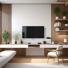 White and wooden home office, tv