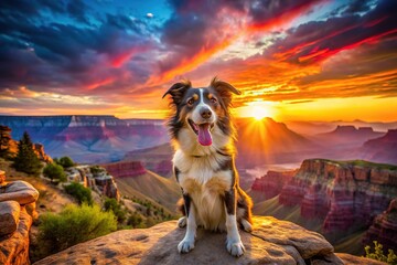Obraz premium Dog's joy at sunset, Grand Canyon's glory, blurred beauty.