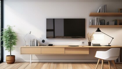 White and wooden home office, tv