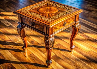 Drone shot showcases a weathered antique side table.
