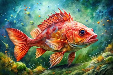 Fototapeta premium Drone's-eye view of a red rock fish, digitally painted watercolor.