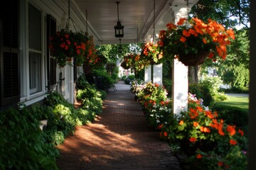 Brick porch with hanging flower baskets and lush greenery