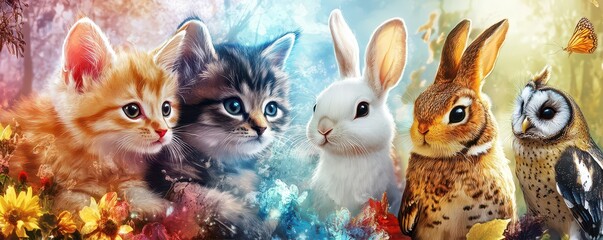 Fototapeta premium Vibrant illustration of cute animals in a whimsical setting with a soft colorful background.