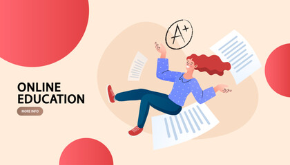 Global education, study abroad, international student exchange program. Woman standing in front of pile of books and globe with graduation cap. online learning. flat vector illustration.