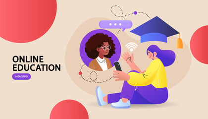 Global education, study abroad, international student exchange program. Woman standing in front of pile of books and globe with graduation cap. online learning. flat vector illustration.