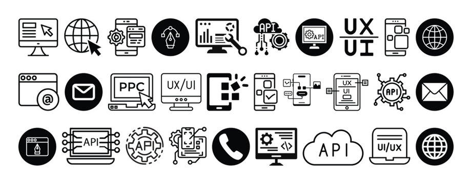 Web Devolopment, APIs, Coding, UI UX design, App devolopment icon set collection vector  design..