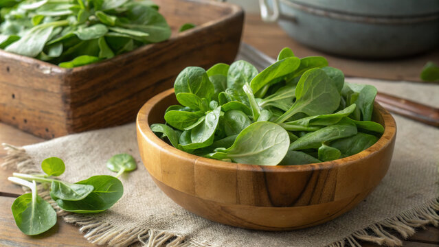 Velvety m&acirc;che rosettes nestle in a wooden bowl. Soft light highlights their tender leaves. French farm backdrop.  