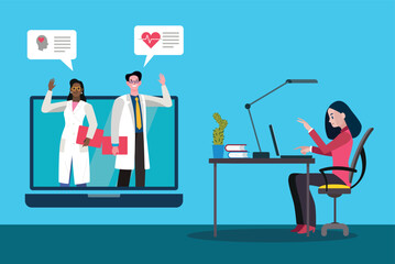 Doctors waving from laptop screen during online medical consultation with female patient