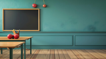 Classroom scene featuring a chalkboard, colorful stationery, and cherry decor on a teal wall