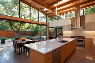 Modern kitchen, dining, garden view, open-plan, natural light, home, interior