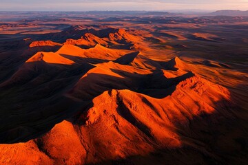 Aerial sunset view of red desert mountains, landscape background, travel photography