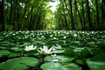 Fototapeta premium White water lilies blooming in a forest canal, ideal for nature projects
