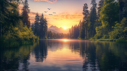 Serene Sunset Landscape in a Lush Forest with River Reflection