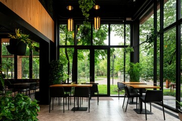 Fototapeta premium Modern cafe interior with garden view, ideal for dining or relaxing