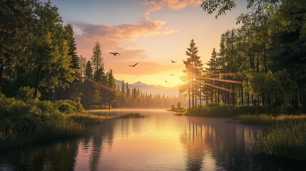 Serene Sunset Landscape in a Lush Forest with River Reflection