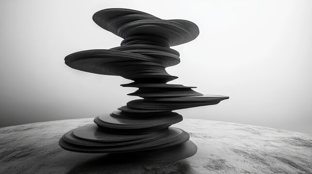 A spiraling stack of abstract black forms sitting alone
