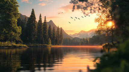 Serene Sunset Landscape in a Lush Forest with River Reflection
