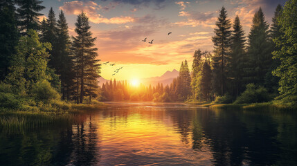 Serene Sunset Landscape in a Lush Forest with River Reflection
