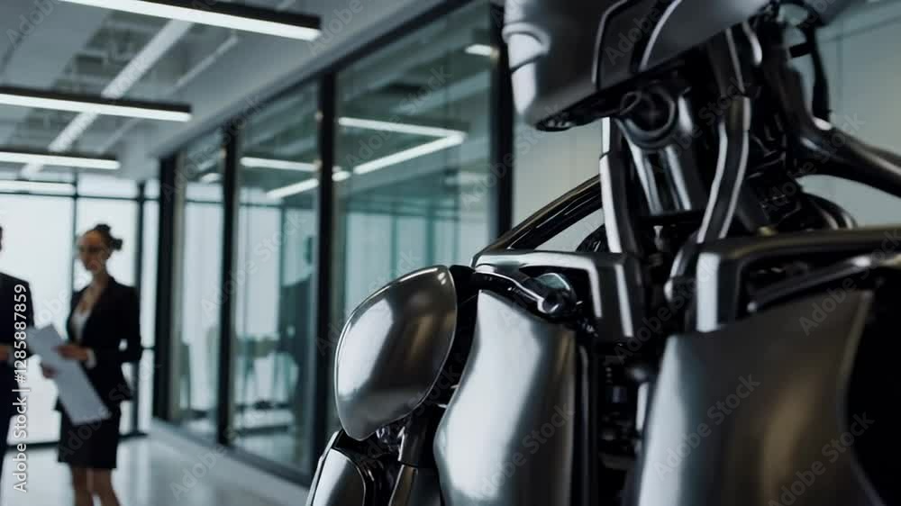 Poster Humanoid robot standing motionless in sleek corporate corridor, waiting during job interview process with blurred businesspeople discussing recruitment opportunity in background