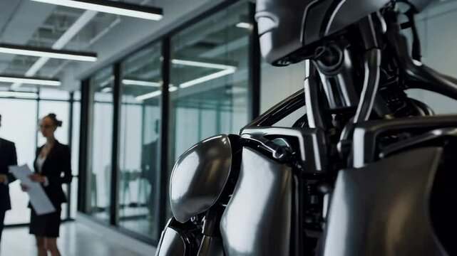 Humanoid robot standing motionless in sleek corporate corridor, waiting during job interview process with blurred businesspeople discussing recruitment opportunity in background
