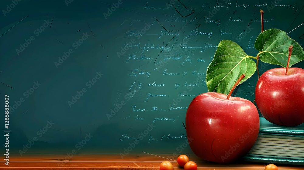 Poster two shiny red apples resting on a stack of books against a chalkboard backdrop with faint writing